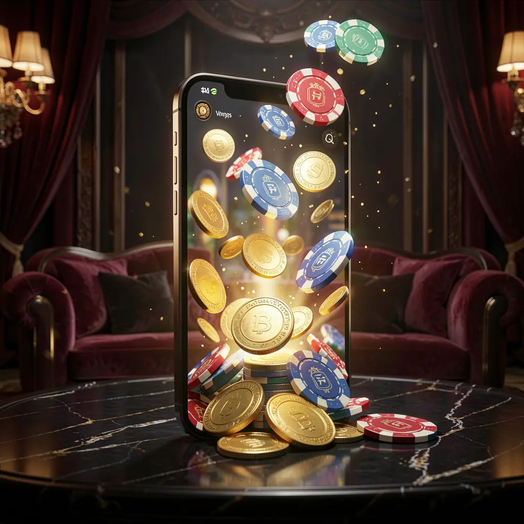 F7777 online gaming app displayed on a smartphone screen with glowing casino chips and coins emerging against a luxury dark background with cinematic lighting