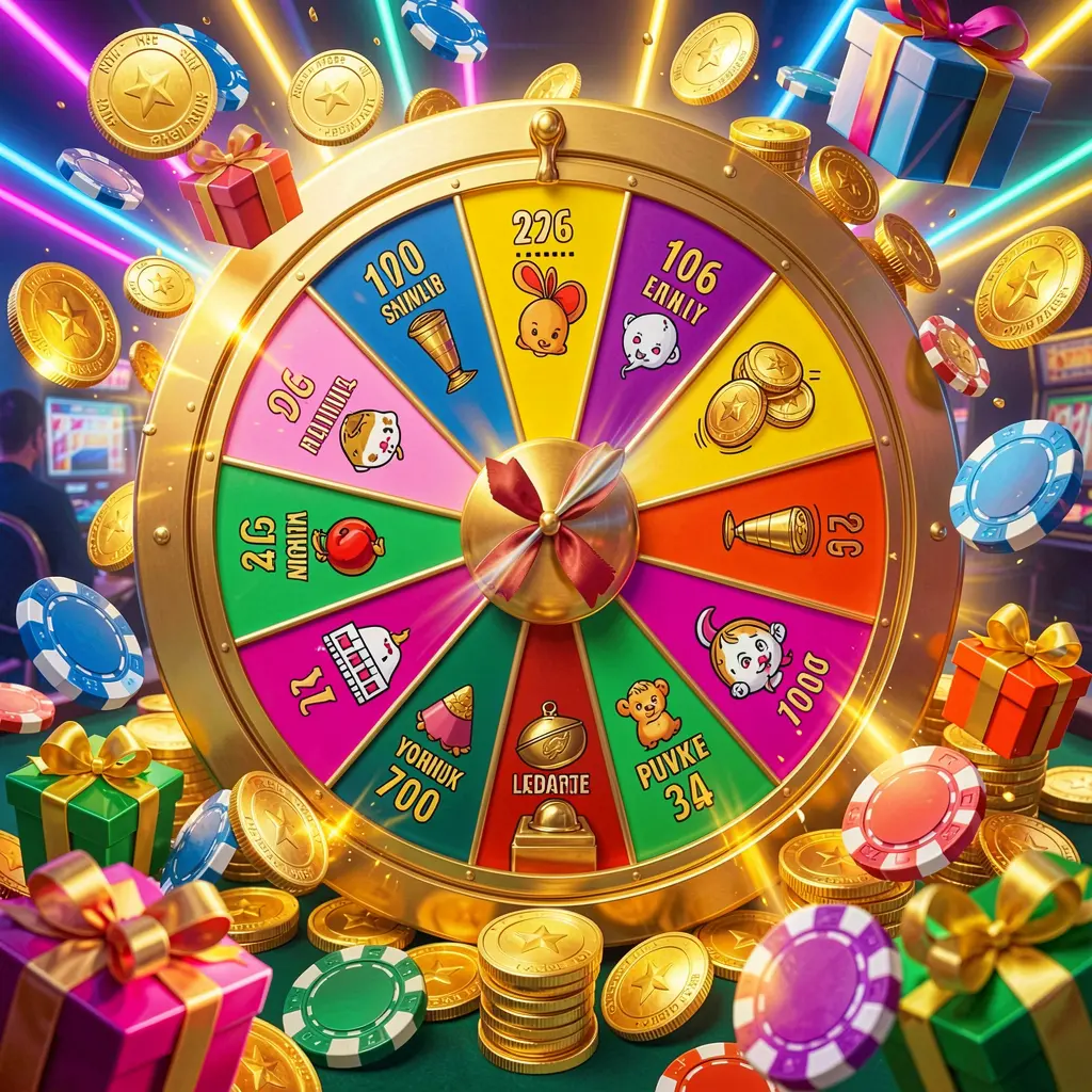 F7777 casino bonus wheel with colorful prize sections surrounded by golden coins, chips, and gift boxes under bright neon casino lights in a dynamic composition