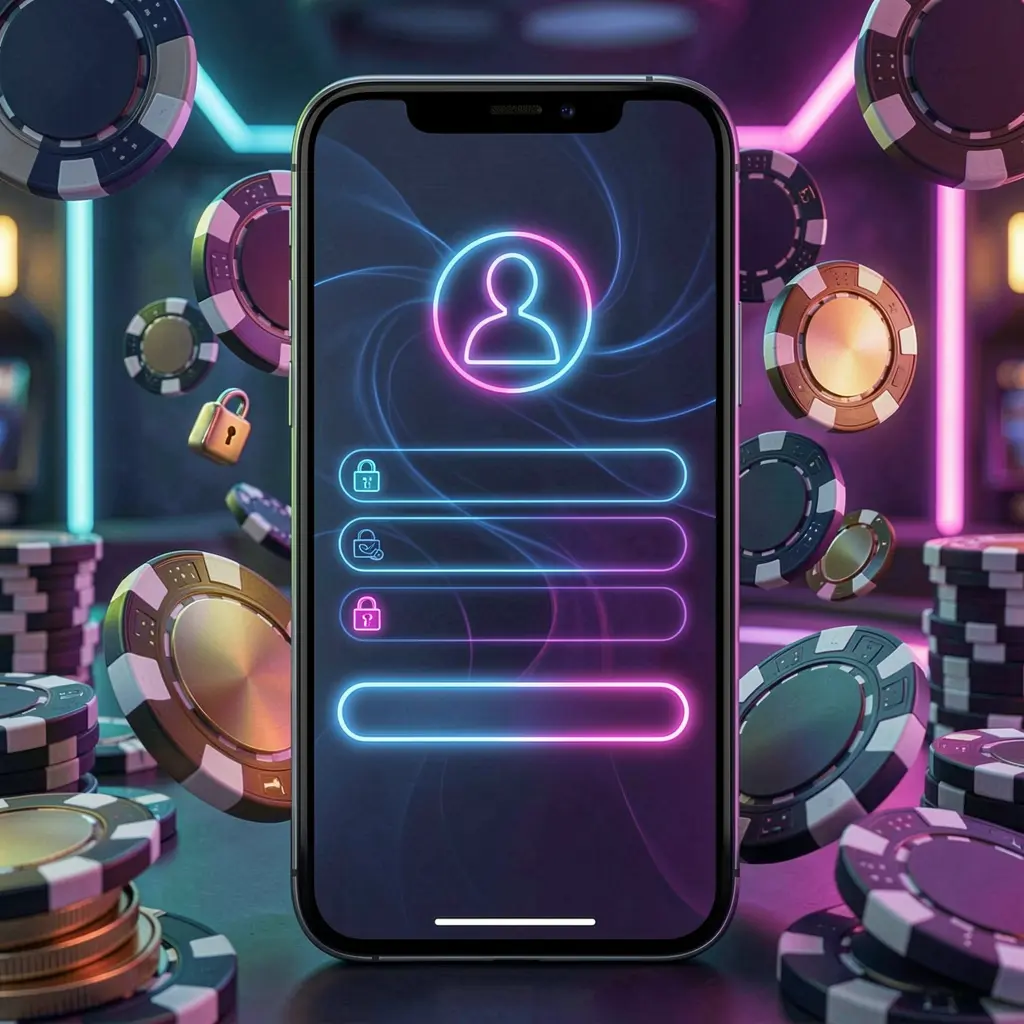 F7777 mobile gaming login page concept on a smartphone with abstract login interface featuring user and lock icons, surrounded by casino chips and coins under luxury neon lighting