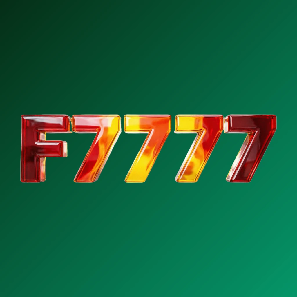 Vibrant F7777 logo with bold heavy typography in bright red, yellow, and orange colors featuring a glossy 3D effect, designed as an energetic modern horizontal rectangular wordmark for a website header on a transparent background