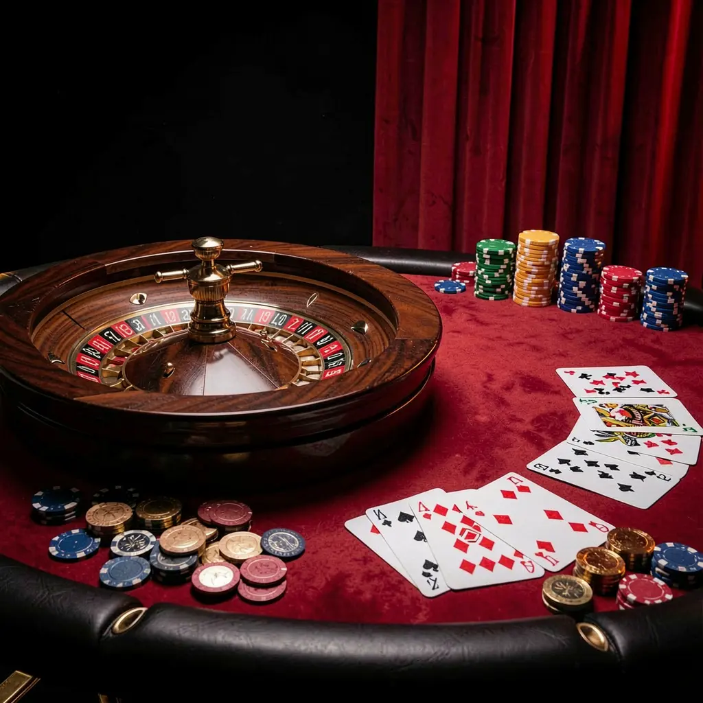 F7777 online casino platform hero image featuring an elegant gaming table with roulette, blackjack cards, poker chips, and coins under luxury cinematic lighting with a black and red background